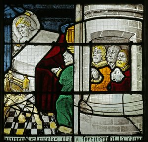 Vindue, der viser Skt. Nicholas, der redder tre uretfærdigt anklagede fanger af French School